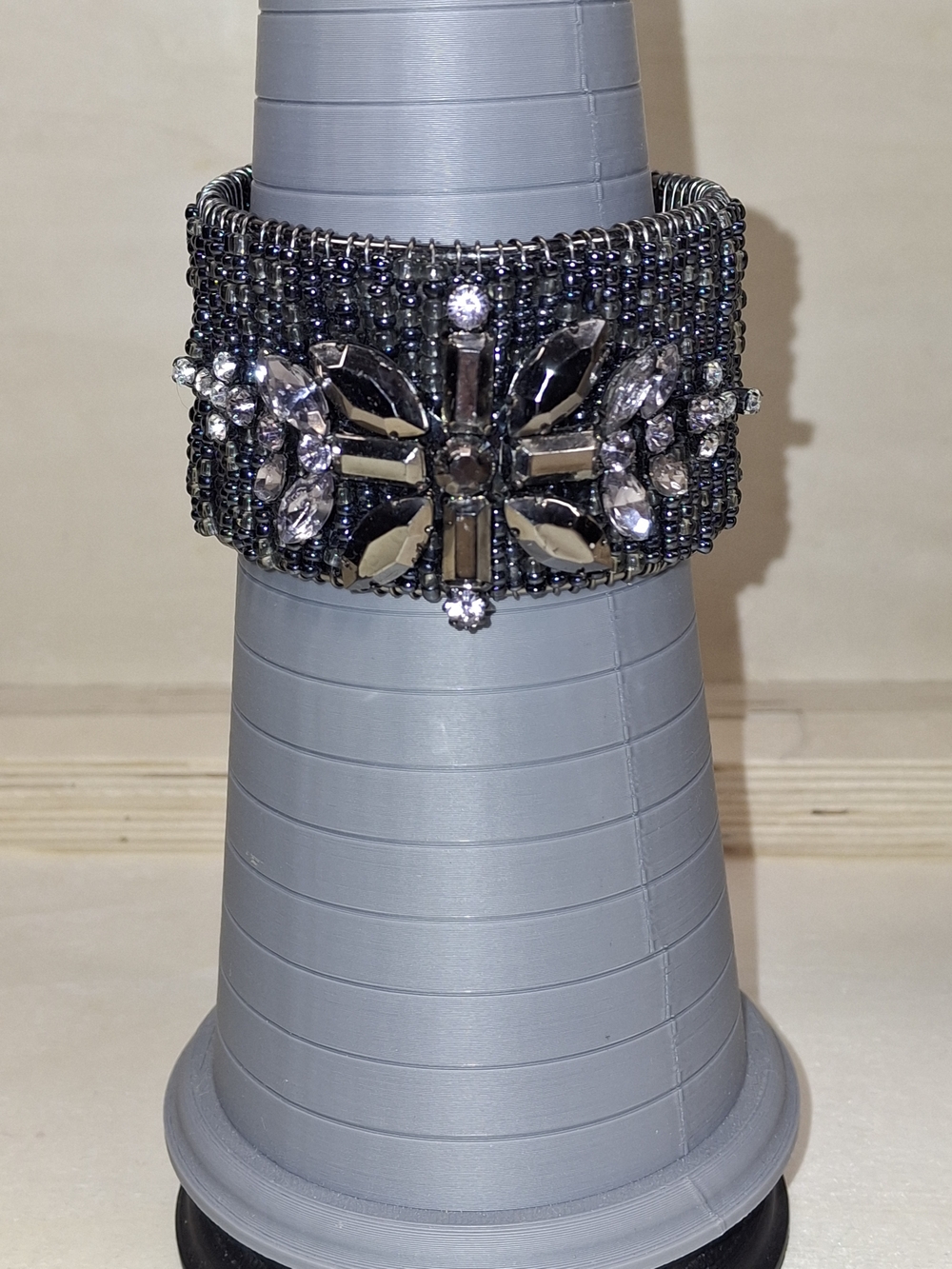 Gunmetal Beaded Bracelet with Clear Crystal Motif
